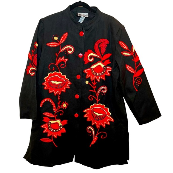 Vintage 🌹 Indigo Moon 1X Black Embroidered Jacket Red Floral Design 100% Cotton - Picture 1 of 7